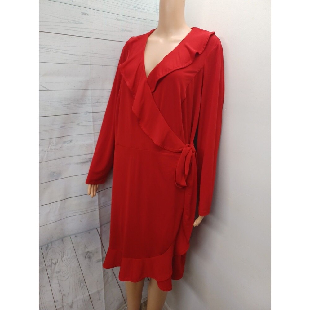 Fashion Bug Wrap Dress Sz 1X Red Ruffles V-Neck Knee Length
